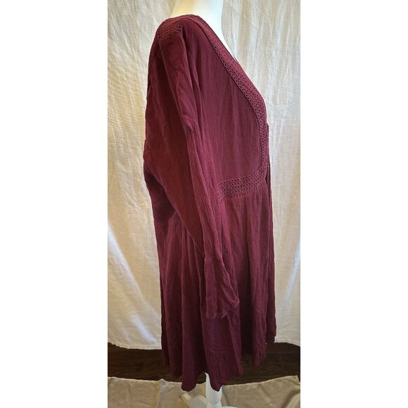 Women's Torrid Dress Chiffon Gauze Burgundy Wine Boho Crochet Size 2 Long Sleeve - Picture 7 of 13